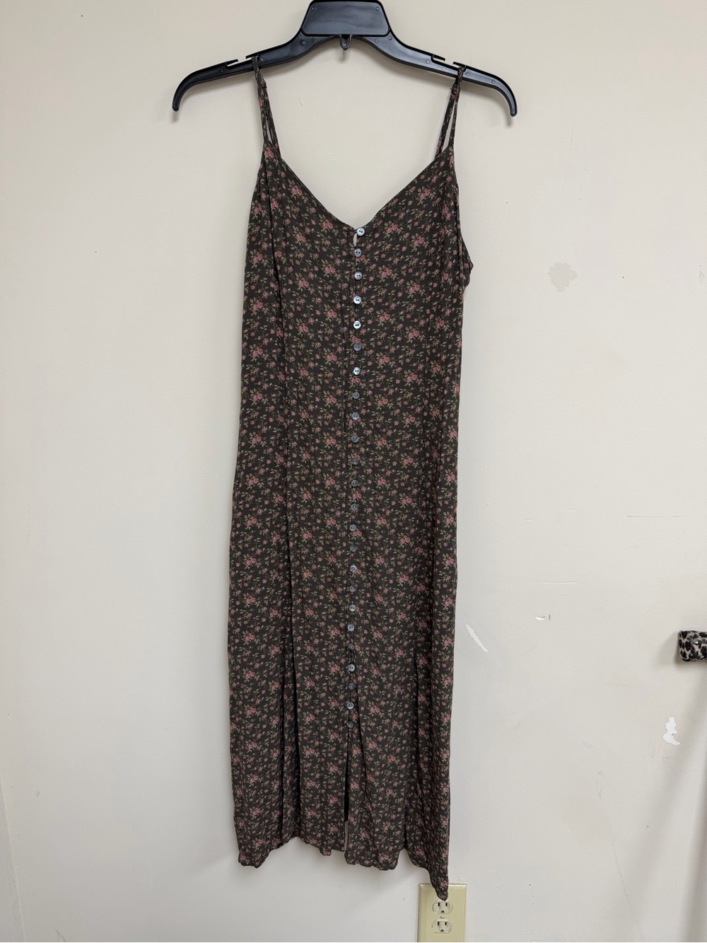 Lucky Brand Brown Midi Floral Button-Front Slip Dress with Pink Blossoms